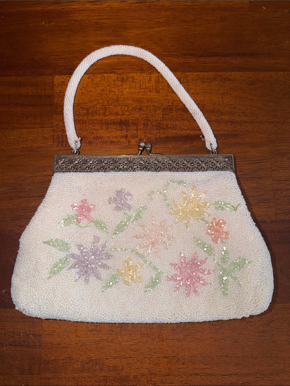 Vintage Hand Beaded Floral Purse Made in Hong Kong Ivory Kiss Lock Evening Bag